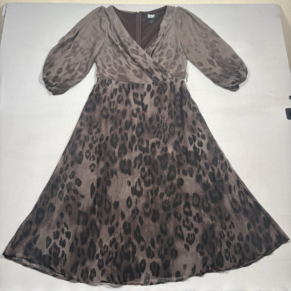 DKNY Leopard Print Dress Womens 6 Brown Balloon Sleeve Chiffon Midi V-Neck